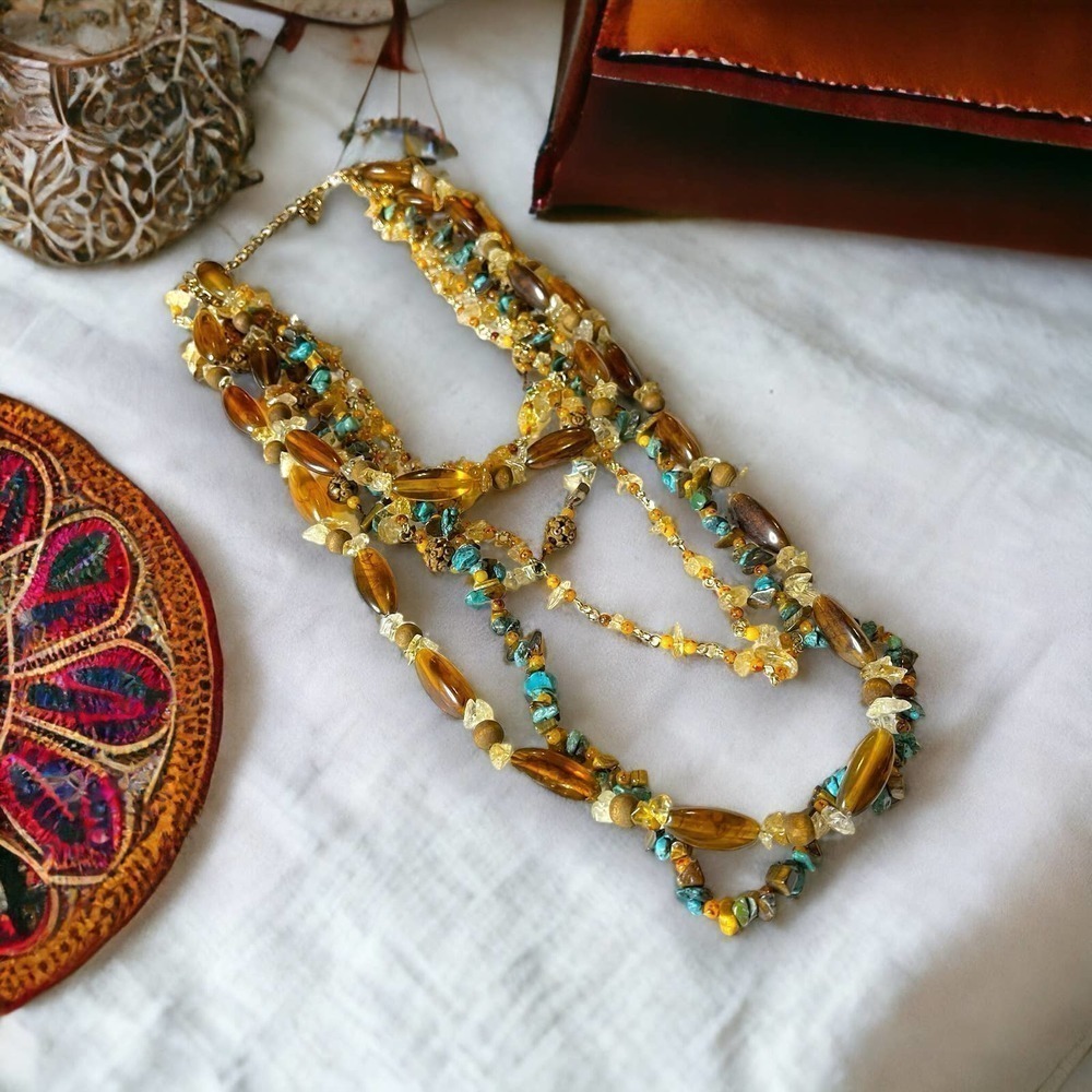 Bohemian Multi-Gemstone Multi-Strand Statement Necklace